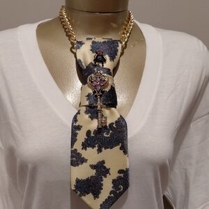Handcrafted NeckTie Necklace With Bee Hat  Pin And Key Brooch .